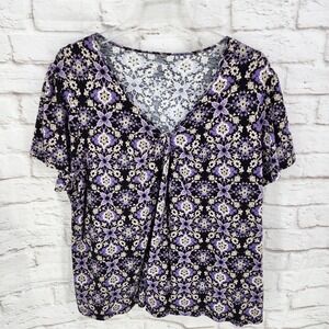 Croft & Barrow Women Dark Kaleidoscope Print V Neck Office Work Purple Size 2X